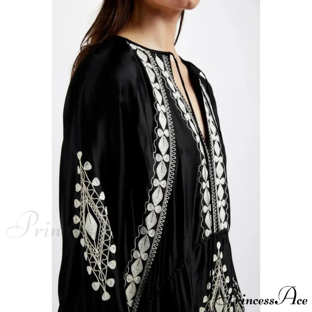 Deep-neck Lantern Sleeve Loose Fit Cotton Bohemian Dress