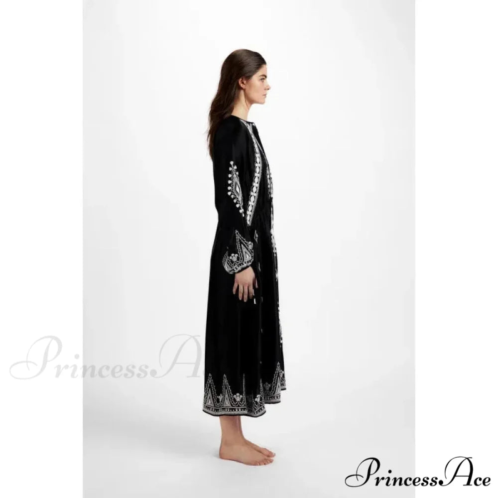 Deep-neck Lantern Sleeve Loose Fit Cotton Bohemian Dress