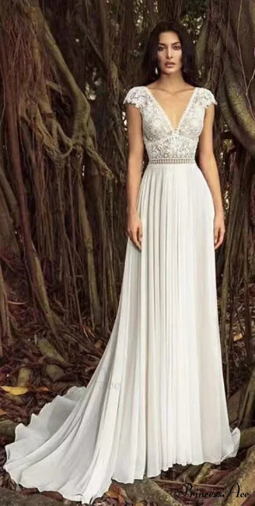 Deep Neck Long Train Transparent Tulle Wedding Gown