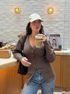 Deep-neck Monochromatic Extended Sleeve Cardigan