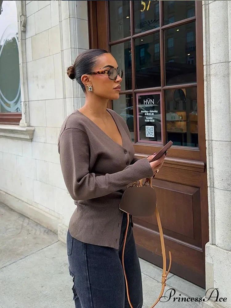 Deep-neck Monochromatic Extended Sleeve Cardigan