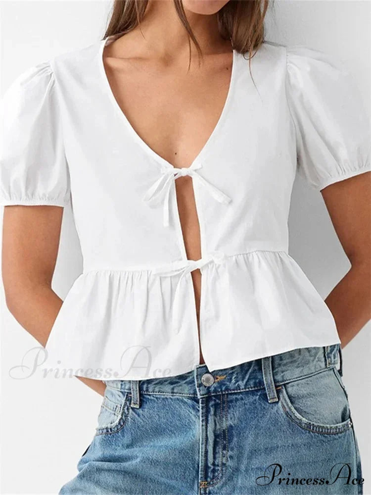 Deep-neck Open Front Bind-up Short Sleeve Blouse