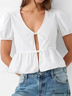 Deep-neck Open Front Bind-up Short Sleeve Blouse