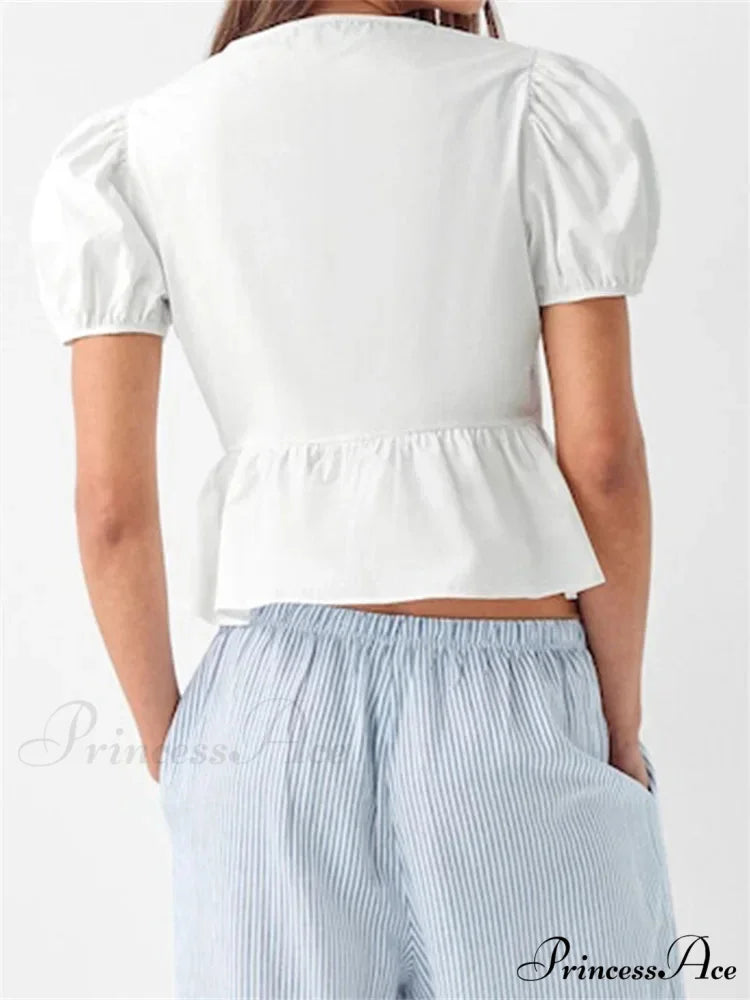 Deep-neck Open Front Bind-up Short Sleeve Blouse