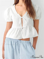 Deep-neck Open Front Bind-up Short Sleeve Blouse