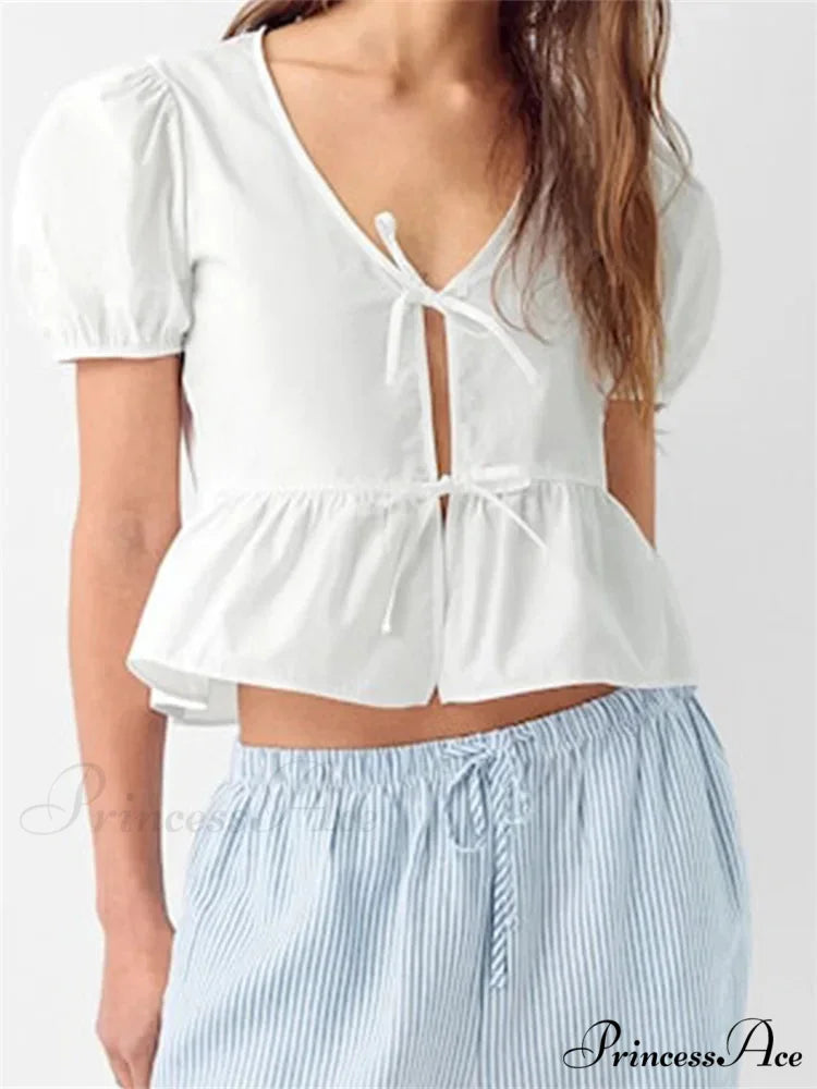 Deep-neck Open Front Bind-up Short Sleeve Blouse
