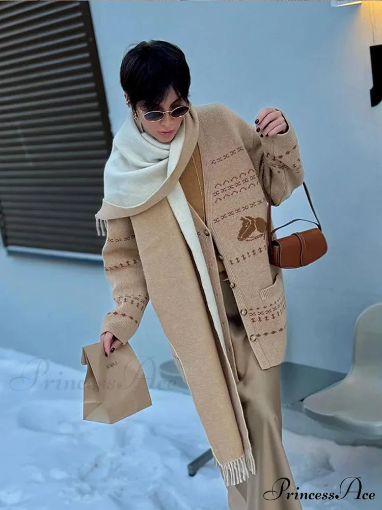 Deep-neck Patterned Button Cardigan