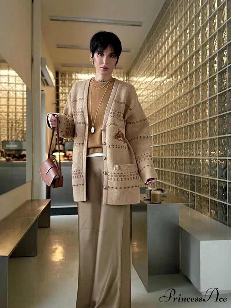 Deep-neck Patterned Button Cardigan