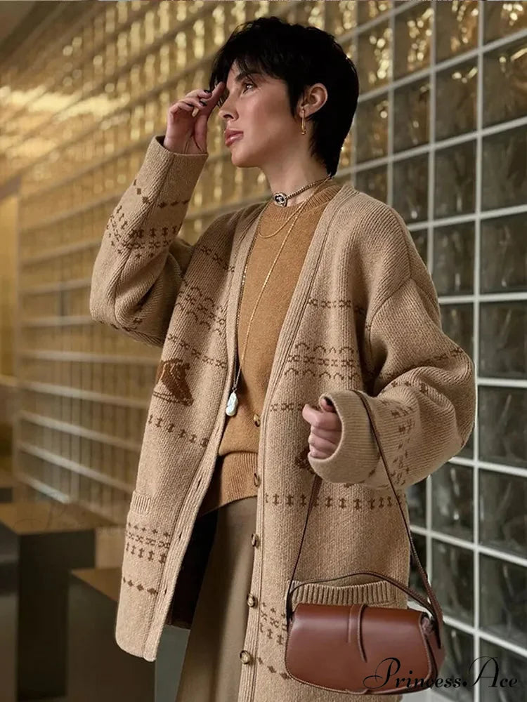 Deep-neck Patterned Button Cardigan