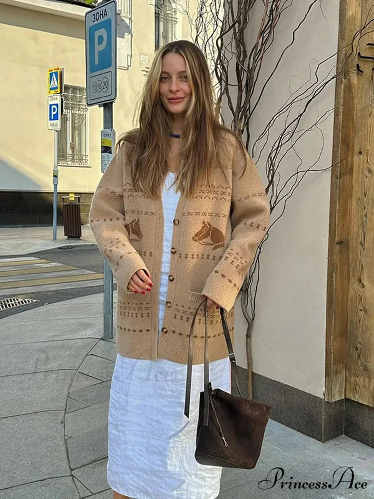 Deep-neck Patterned Button Cardigan