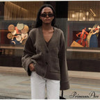 Deep-neck Pocket Extended Sleeve Cardigan