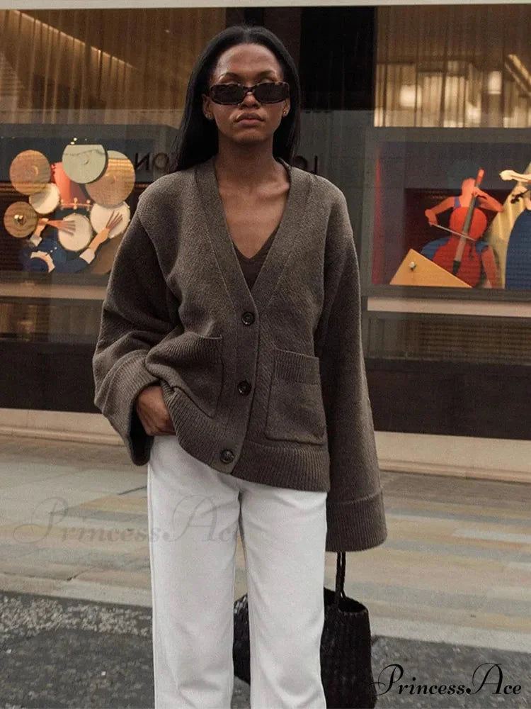 Deep-neck Pocket Extended Sleeve Cardigan