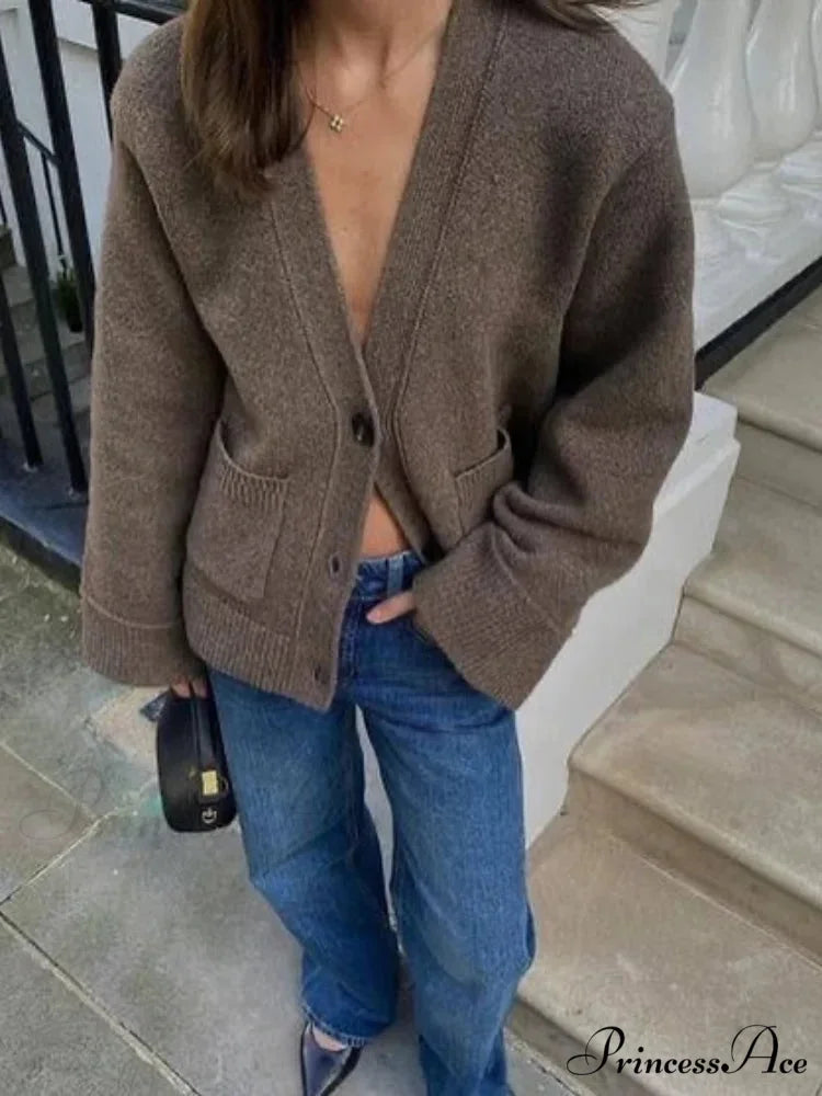 Deep-neck Pocket Extended Sleeve Cardigan