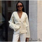 Deep-neck Pocket Extended Sleeve Cardigan