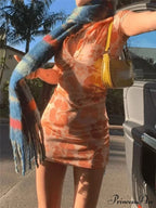 Deep-Neck Sewn Pattern Mini Dress