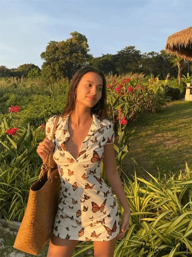 Deep-Neck Sewn Pattern Mini Dress