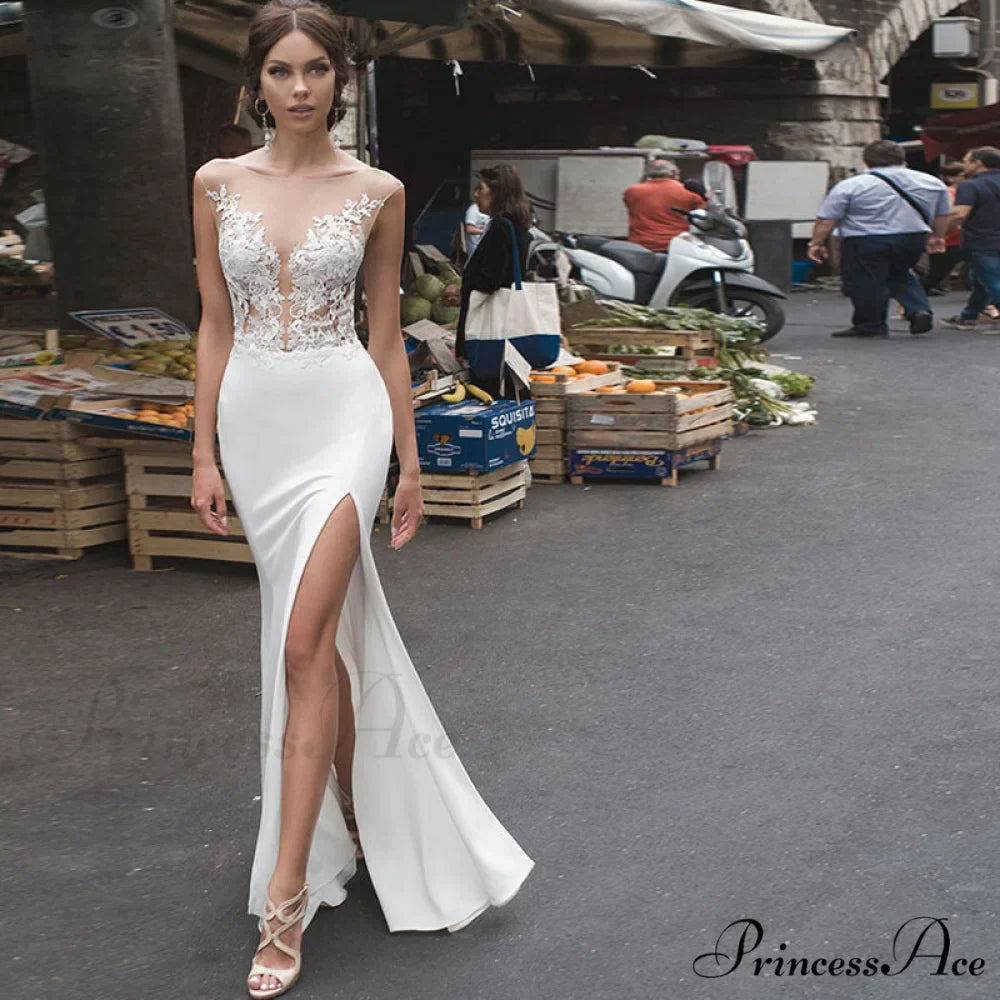 Deep Neck Side Split Mermaid Wedding Gown