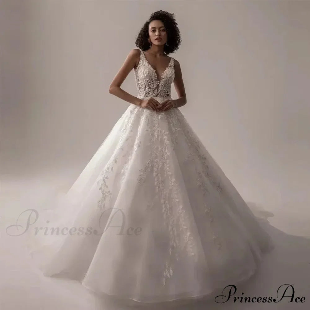 Deep-Neck Sleeveless Lace Wedding Gown