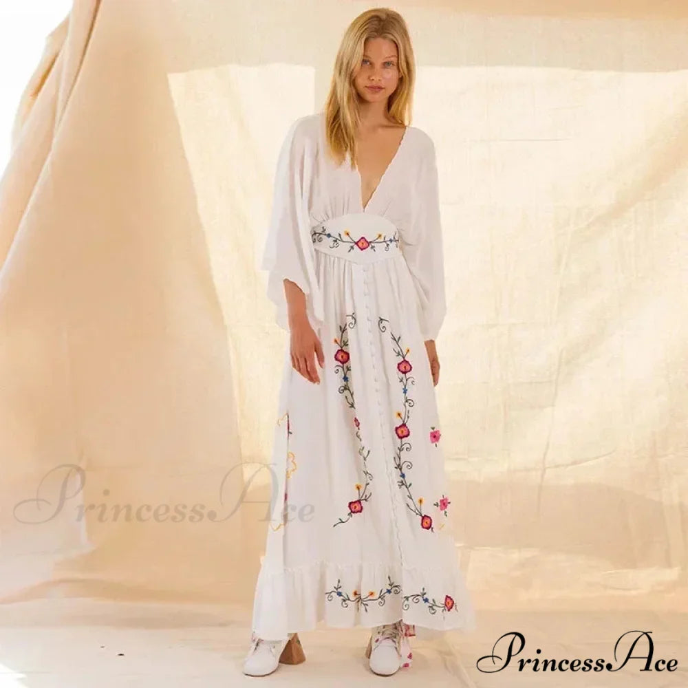 Deep-neck Stitched Blossom Vintage Ethnic Boho Dress