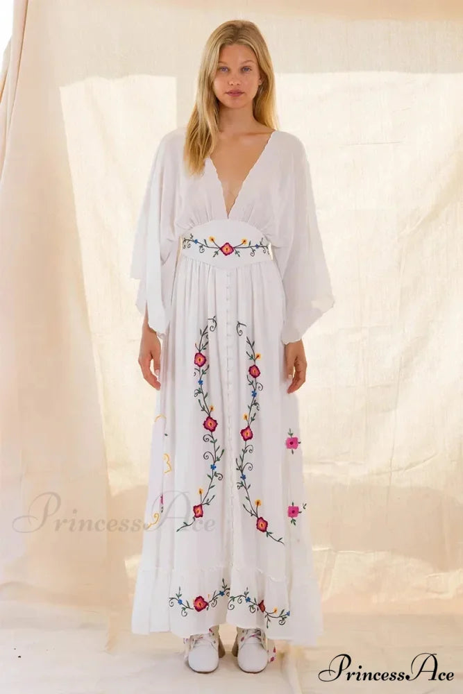 Deep-neck Stitched Blossom Vintage Ethnic Boho Dress