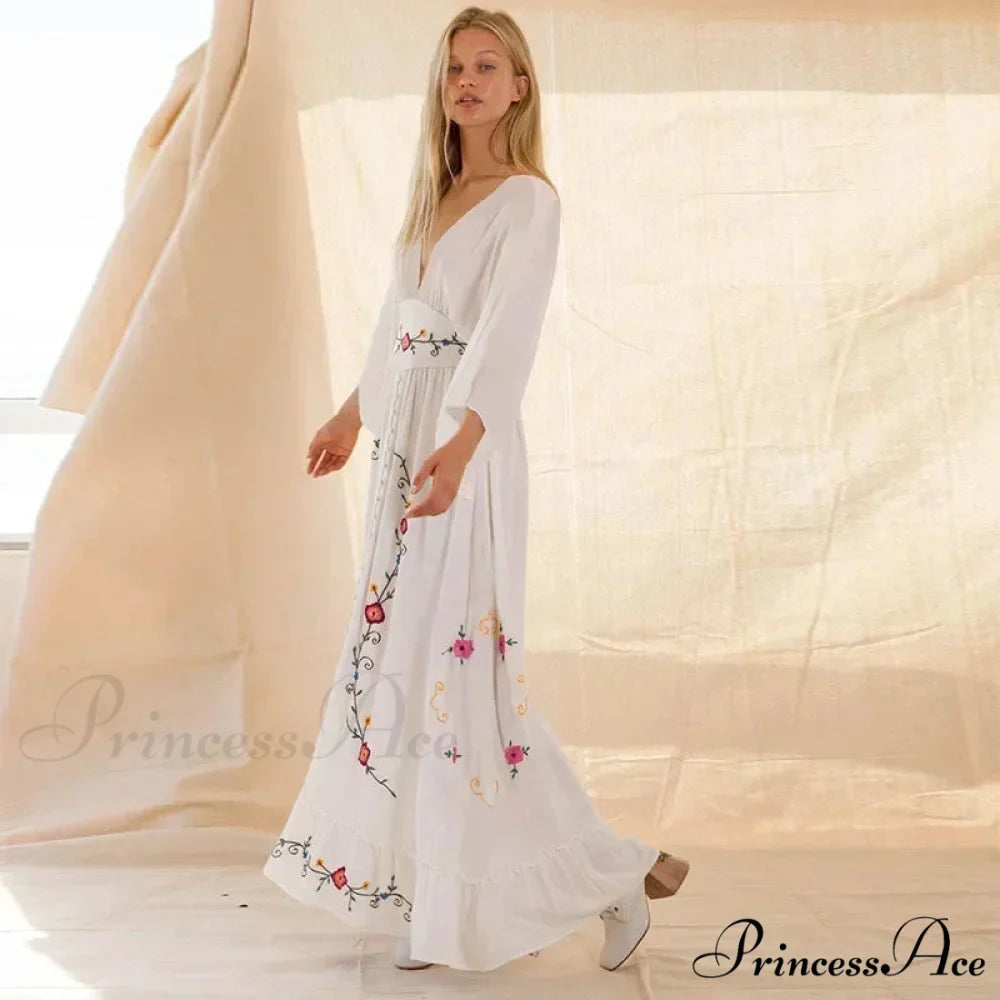 Deep-neck Stitched Blossom Vintage Ethnic Boho Dress