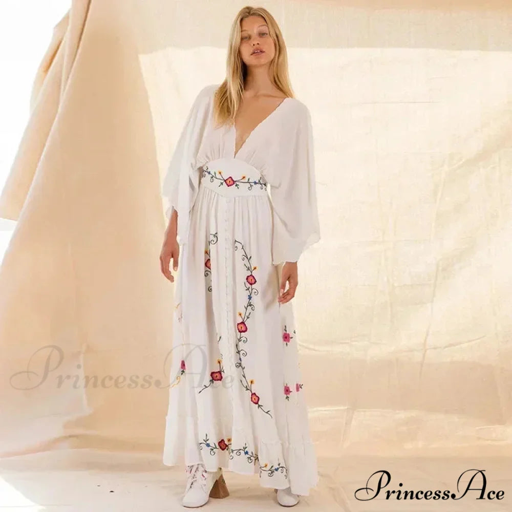 Deep-neck Stitched Blossom Vintage Ethnic Boho Dress