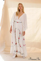 Deep-neck Stitched Blossom Vintage Ethnic Boho Dress
