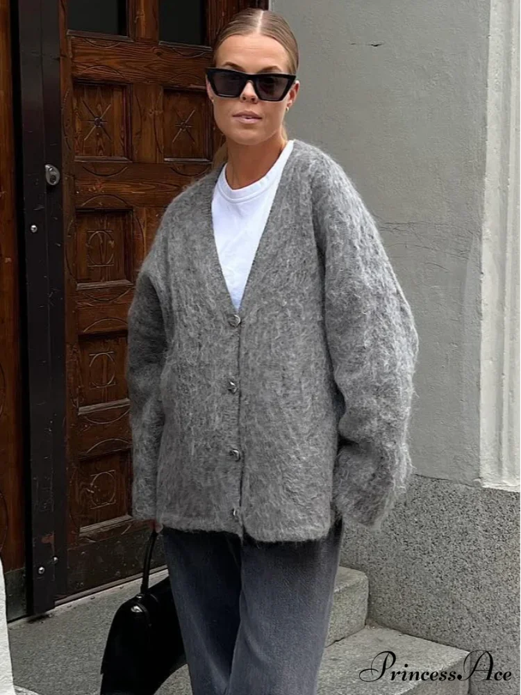 Deep-neck Unmarried Buttoned Loose Cardigan