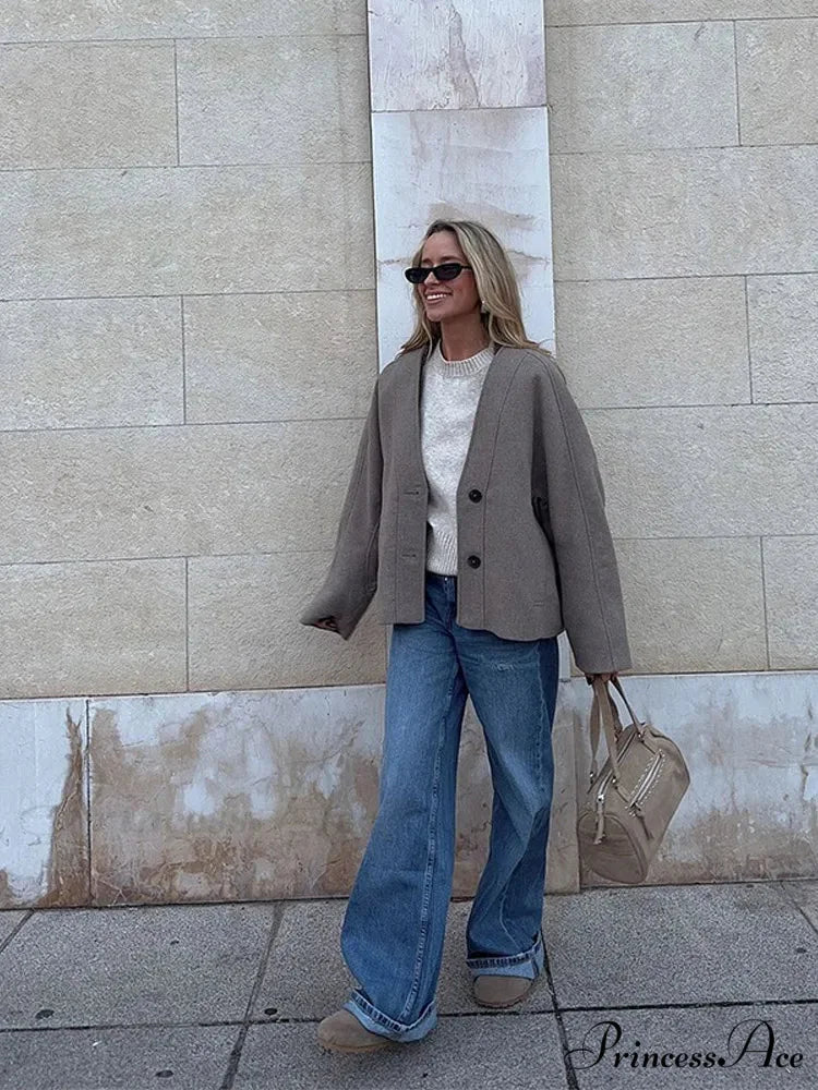 Deep-neck Unmarried Buttoned Wool Overcoat