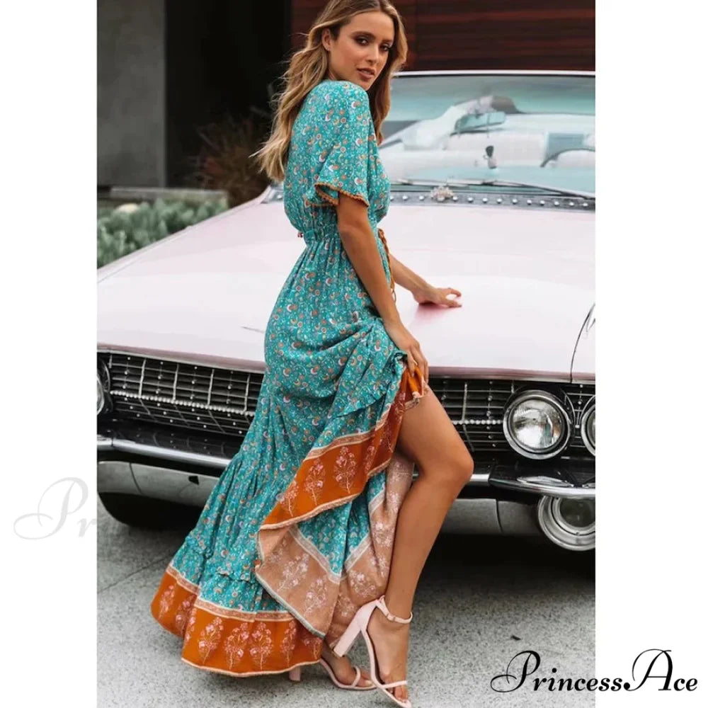 Deep Plunge Floral Bohemian Summer Dress