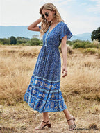 Deep Plunge Floral Button Pleated Maxi Boho Dress
