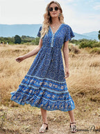 Deep Plunge Floral Button Pleated Maxi Boho Dress