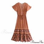 Deep Plunge Floral Button Pleated Maxi Boho Dress