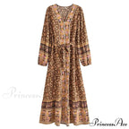 Deep Plunge Floral Long Sleeve Cotton Bohemian Dress