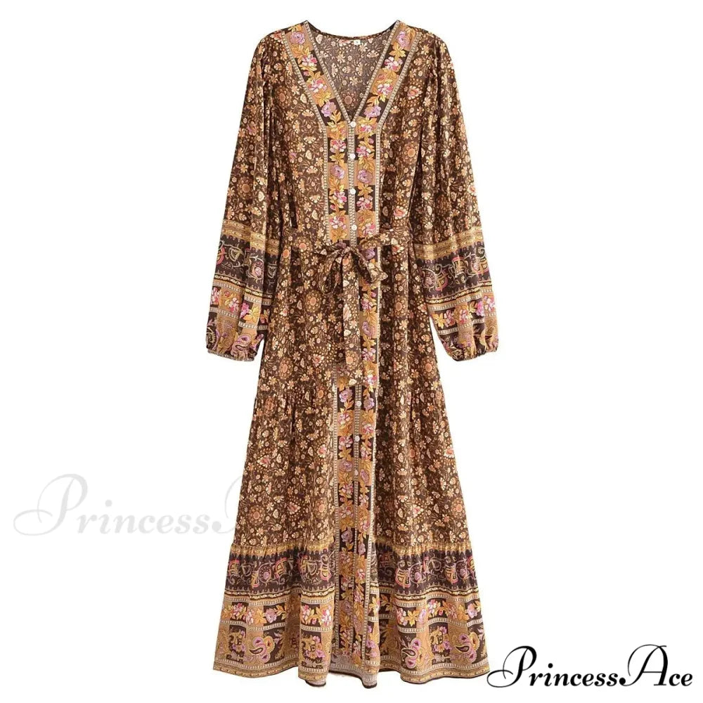 Deep Plunge Floral Long Sleeve Cotton Bohemian Dress