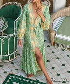 Deep Plunge Floral Long Sleeve Cotton Bohemian Dress