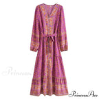 Deep Plunge Floral Long Sleeve Cotton Bohemian Dress