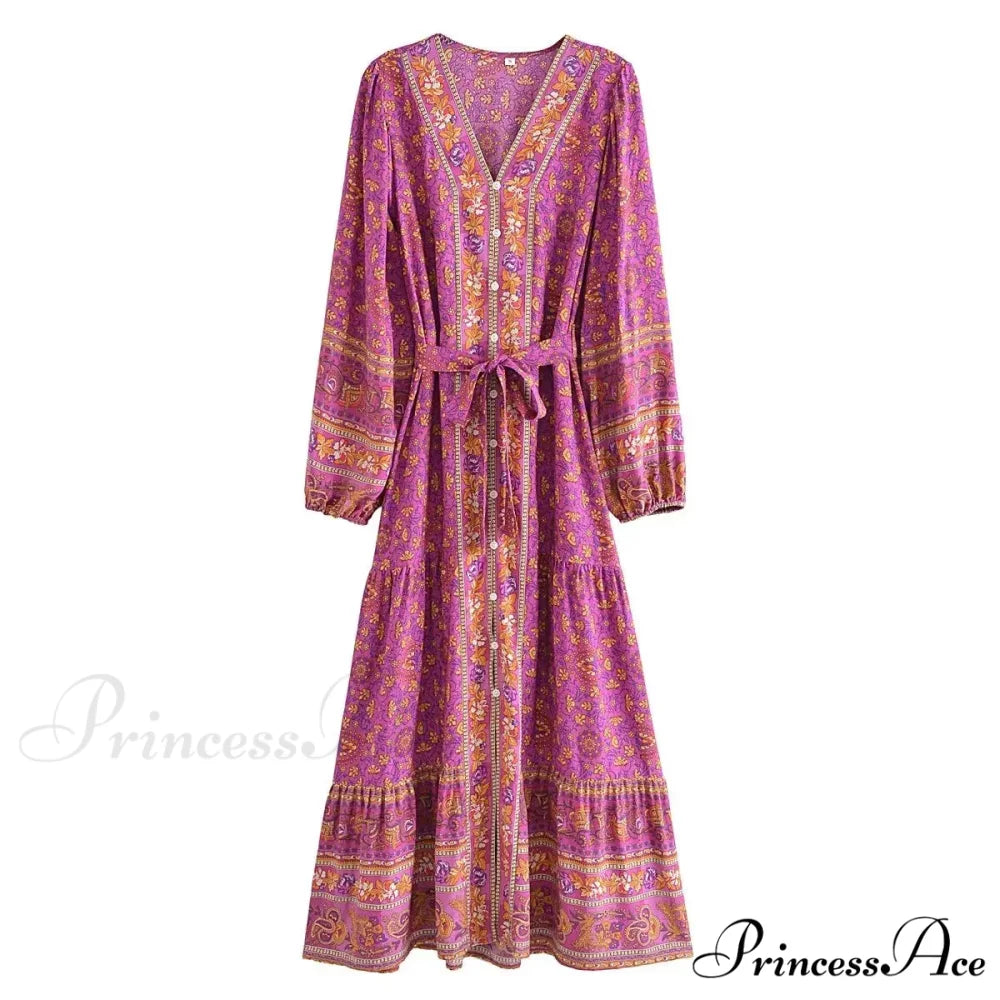 Deep Plunge Floral Long Sleeve Cotton Bohemian Dress