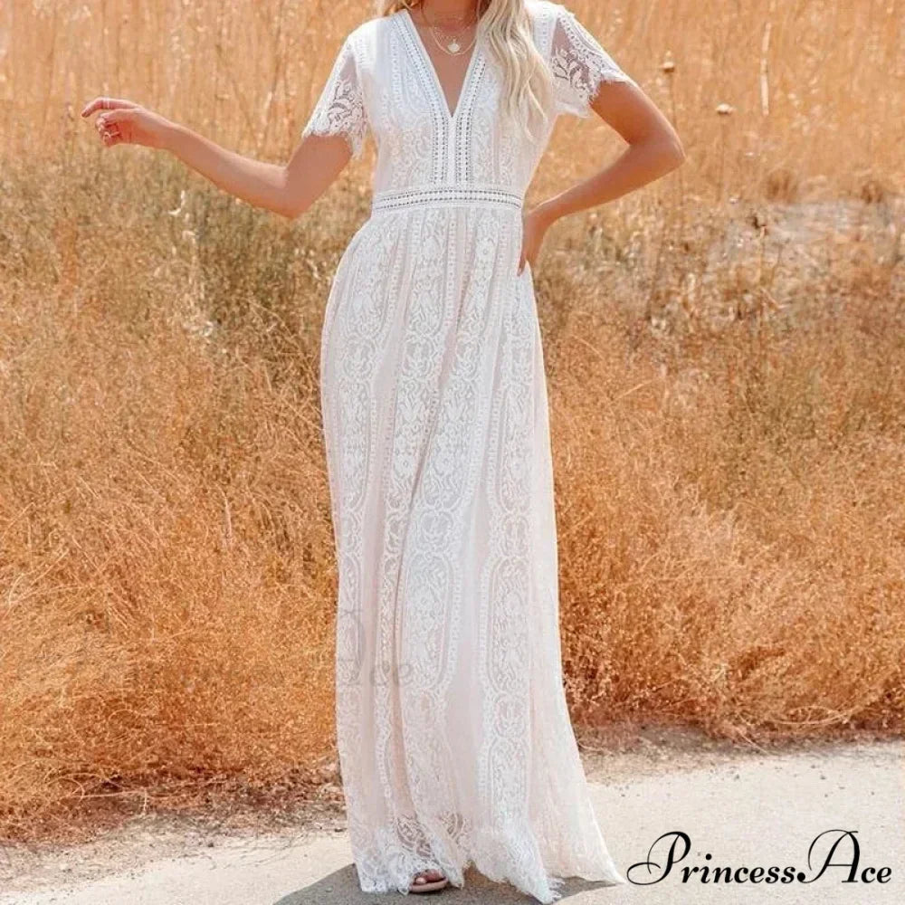 Deep Plunge Neck Lace Empty Outdated White Boho Dress
