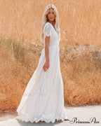 Deep Plunge Neck Lace Empty Outdated White Boho Dress