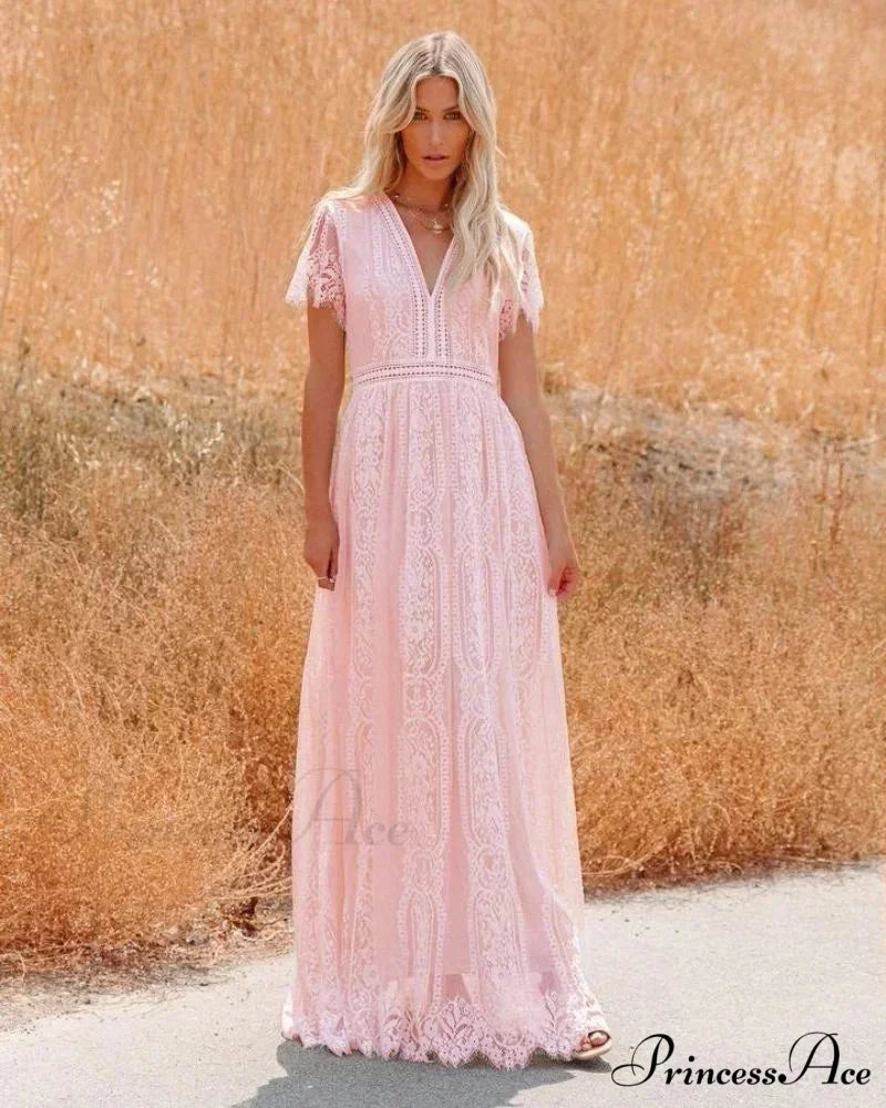 Deep Plunge Neck Lace Empty Outdated White Boho Dress