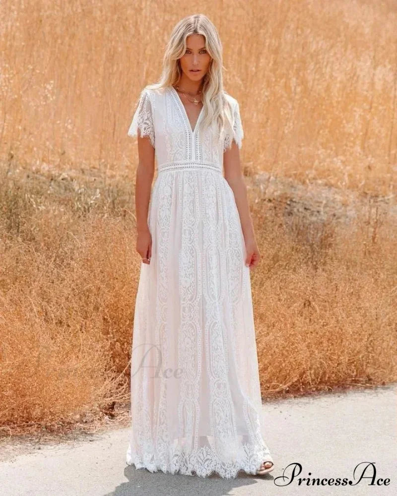 Deep Plunge Neck Lace Empty Outdated White Boho Dress
