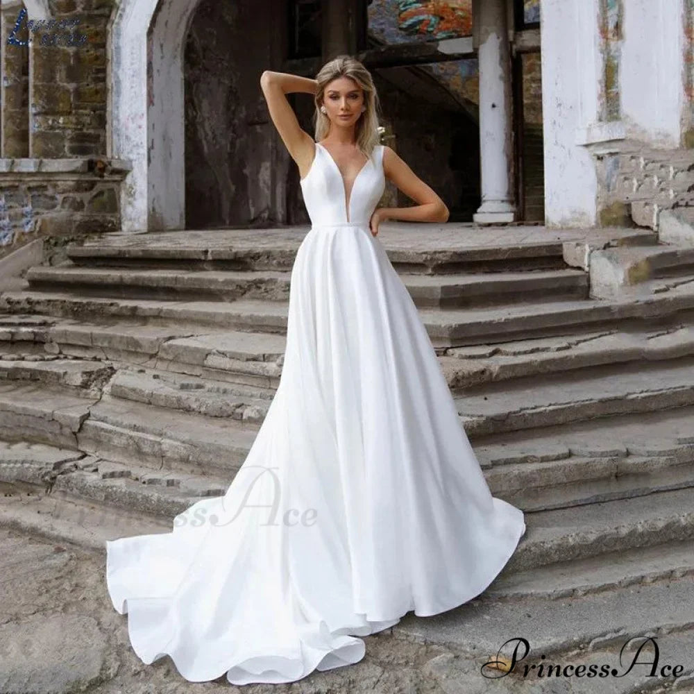 Deep Plunging Satin Transparent Wedding Gown