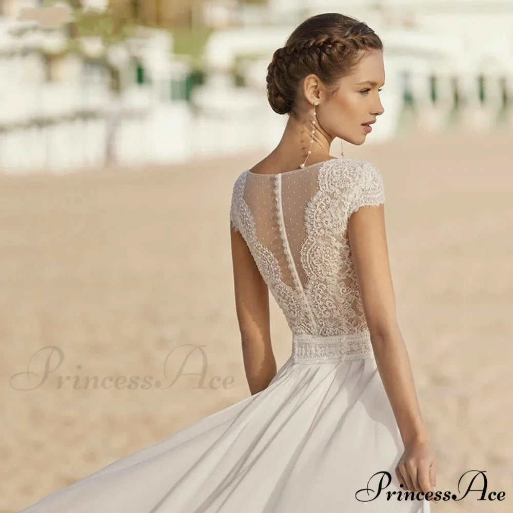 Deep-Scoop Chiffon Extended Trail Wedding Gown