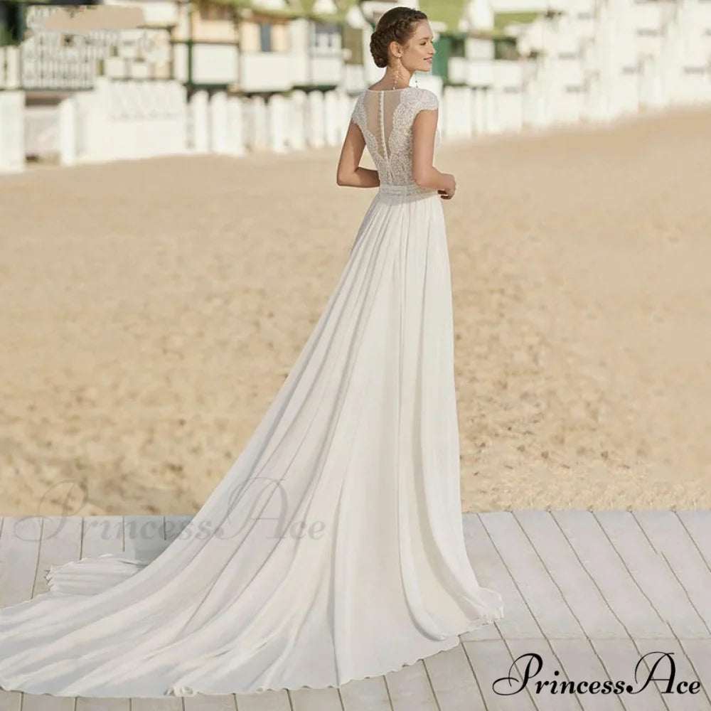 Deep-Scoop Chiffon Extended Trail Wedding Gown