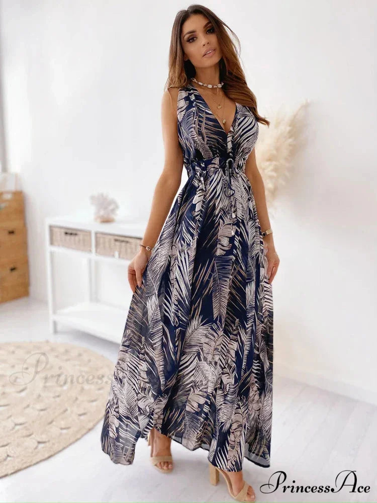 Deep V Neck Print Sleeveless Boho Dress