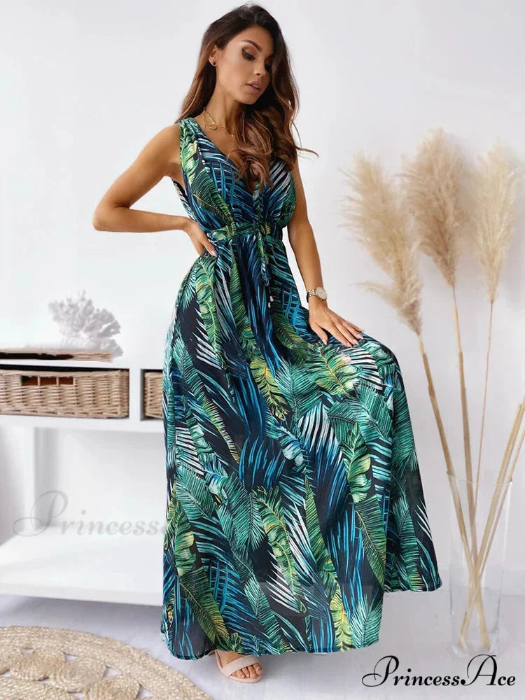 Deep V Neck Print Sleeveless Boho Dress