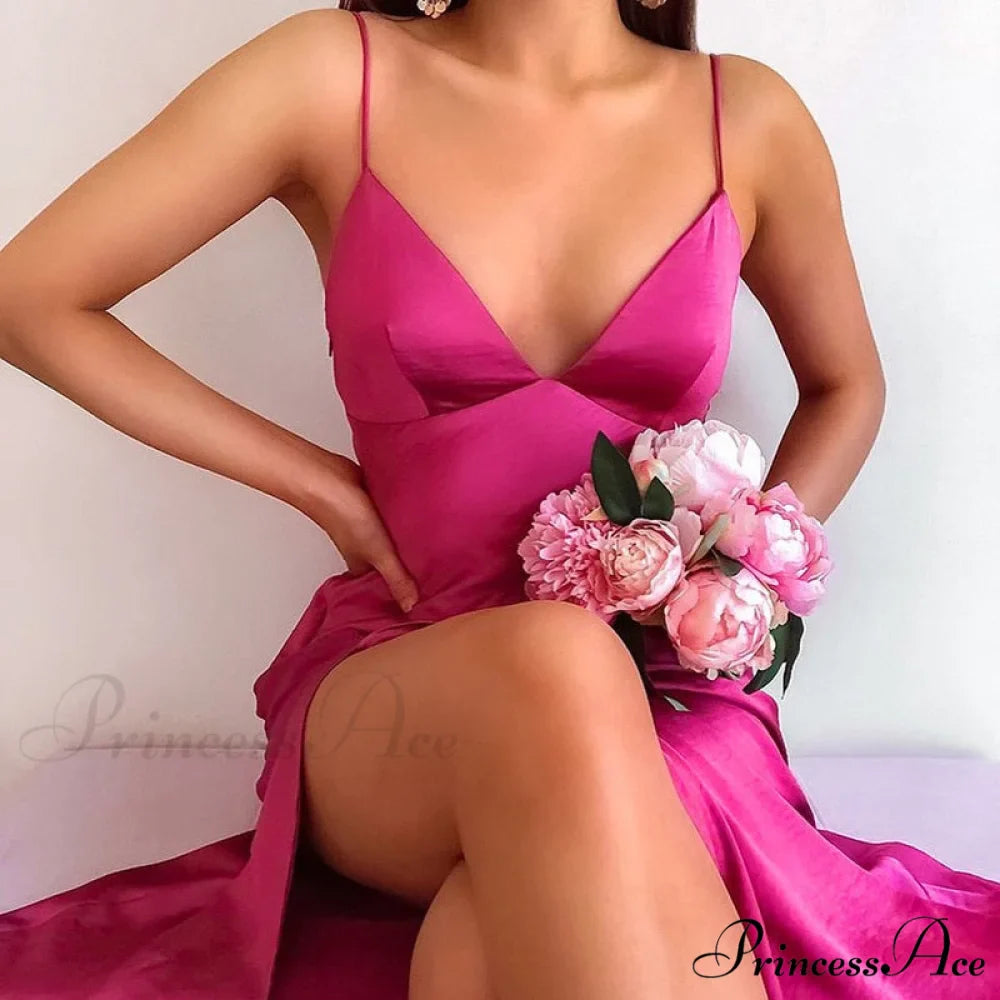 Deep V-Neck Satin Side Split Elegant Dresses