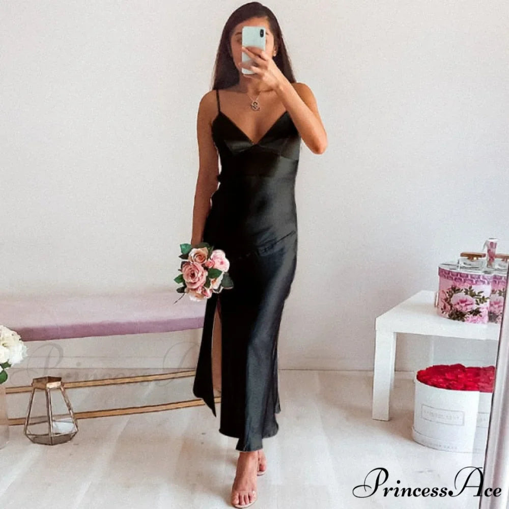 Deep V-Neck Satin Side Split Elegant Dresses