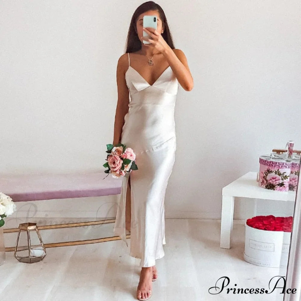 Deep V-Neck Satin Side Split Elegant Dresses